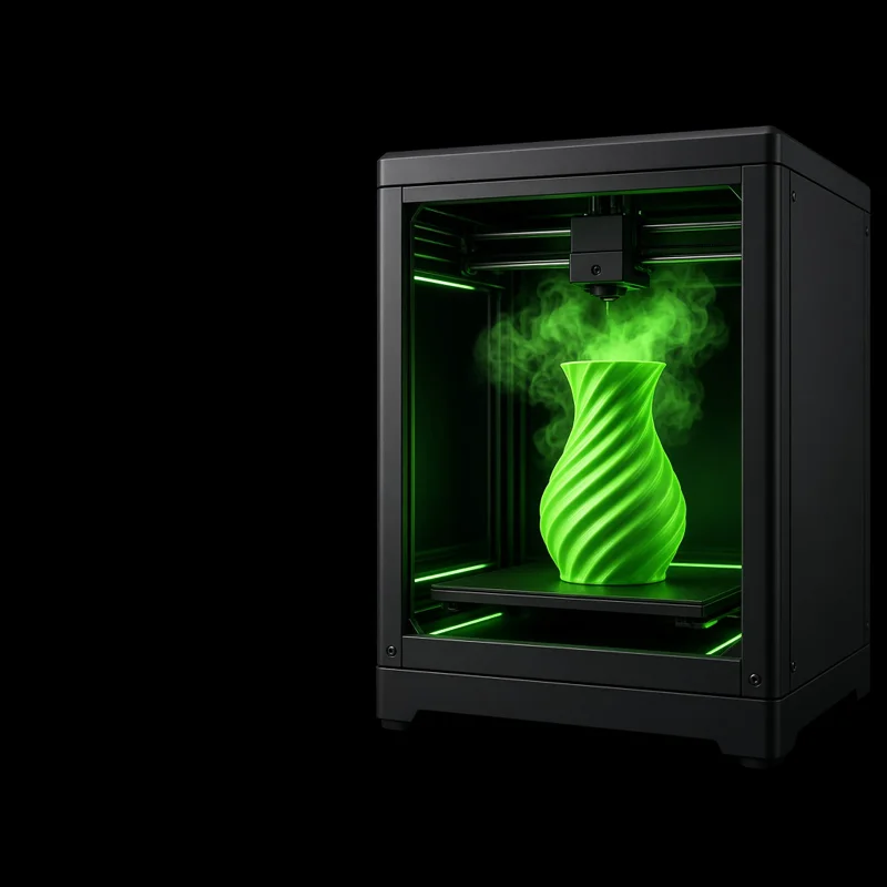 Промышленный 3D-принтер с зелёной подсветкой